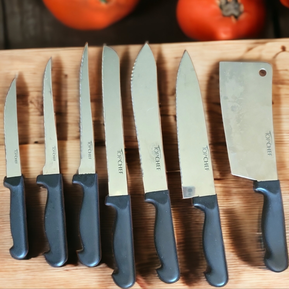 7 Top Chef Cutlery Kitchen Knives Black Handle Grip Stainless Steel Like NWOT
